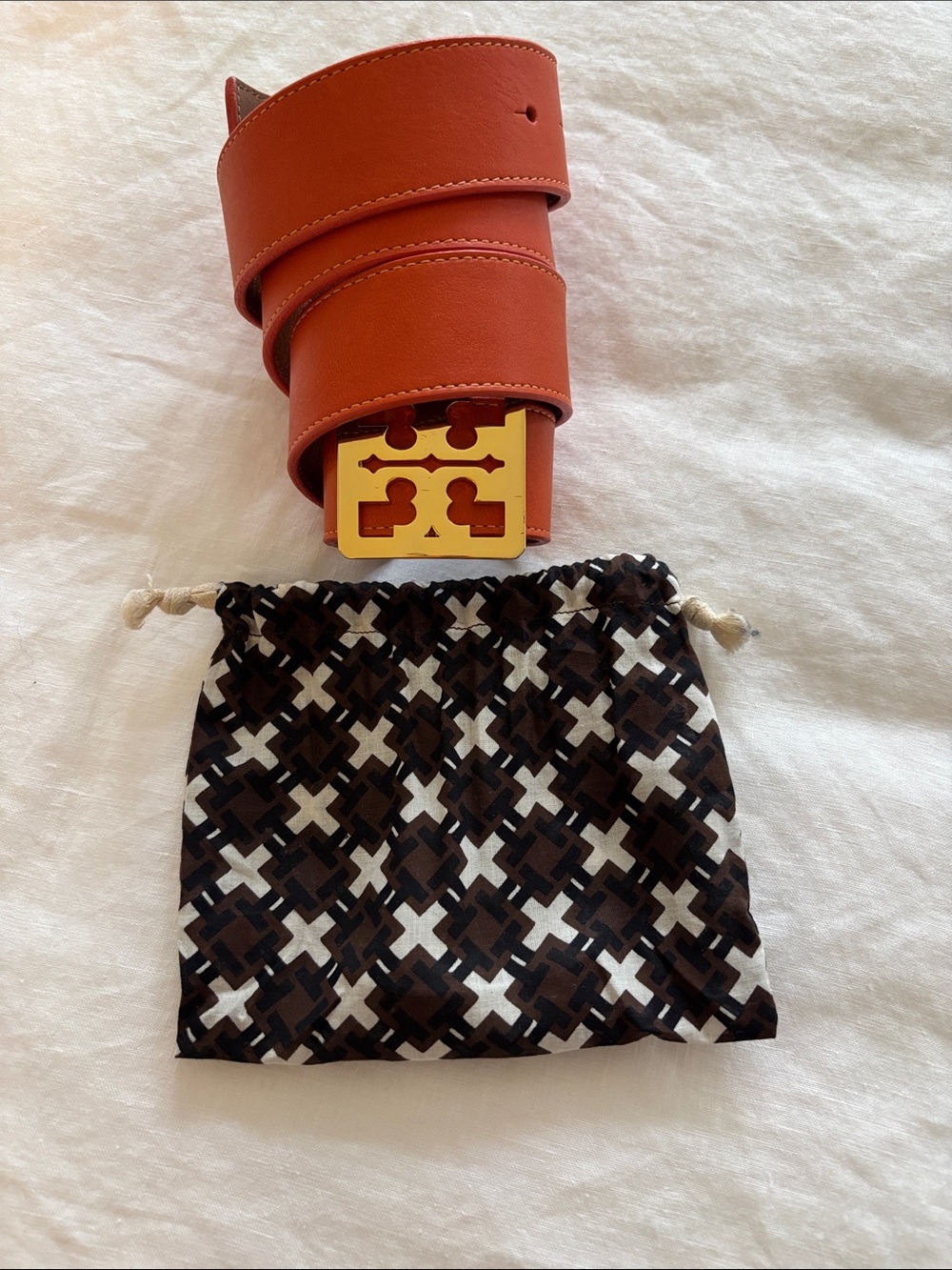 Tory Burch Orange Leather Belt with Gold Logo Buckle